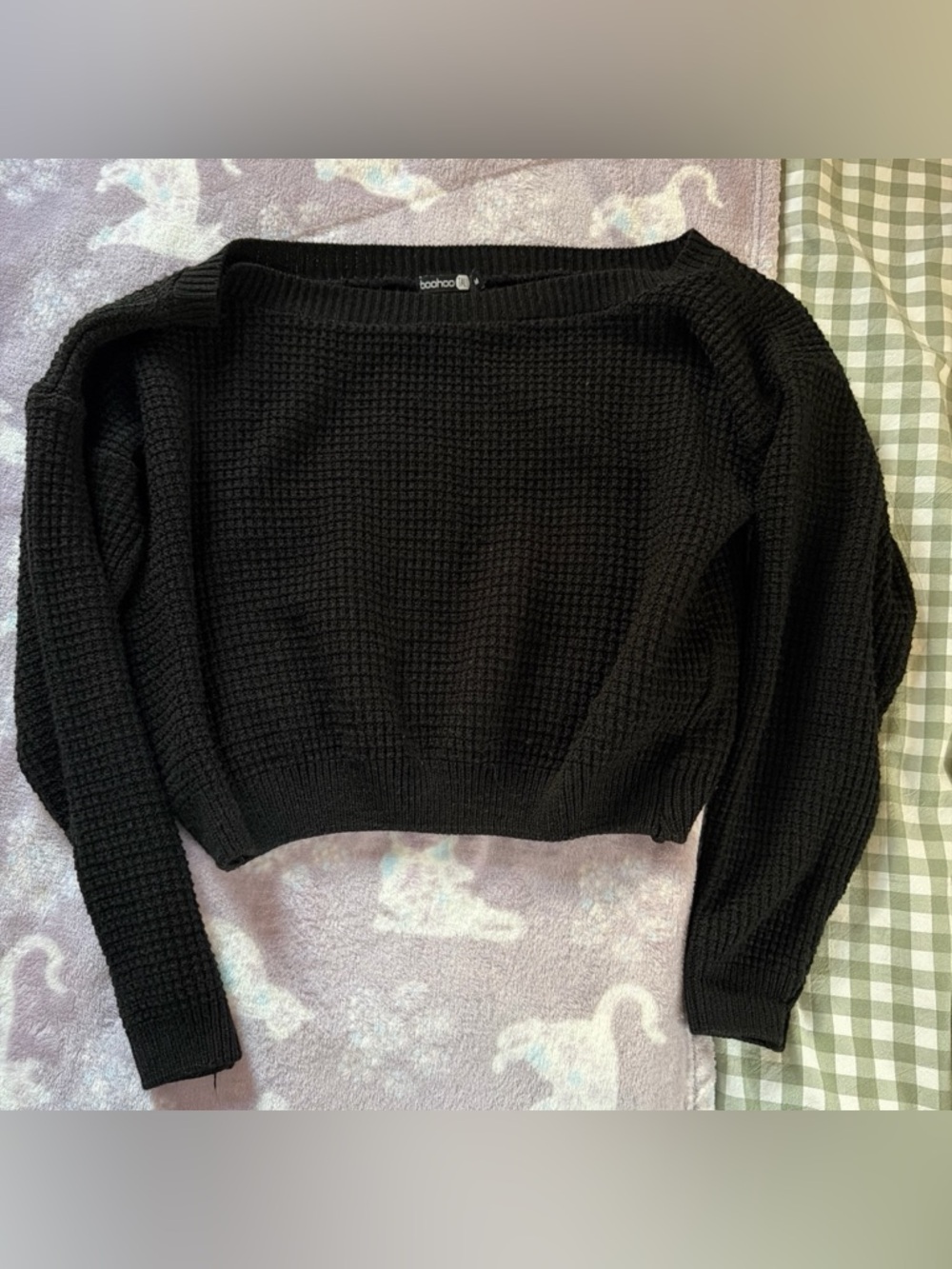 Boohoo Black Off-Shoulder Waffle Knit Sweater